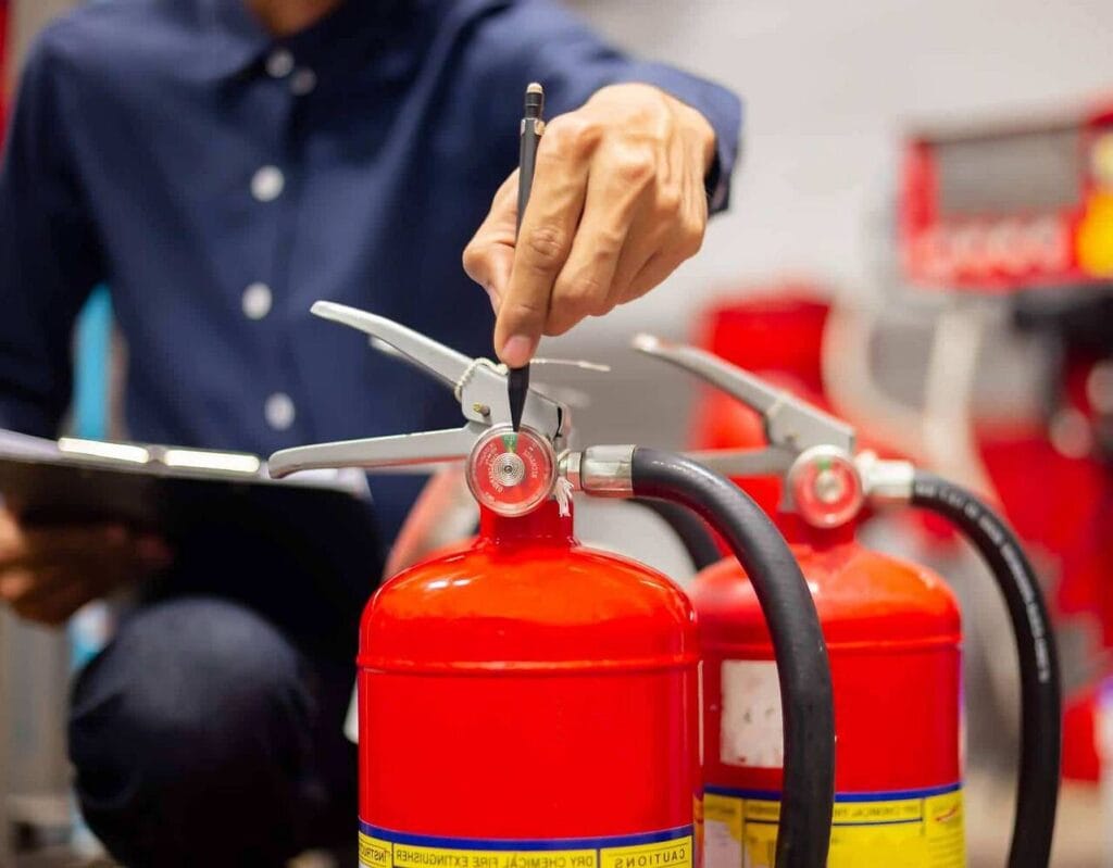 T&eacute;cnico inspeccionando y realizando mantenimiento de extintor contra incendios.