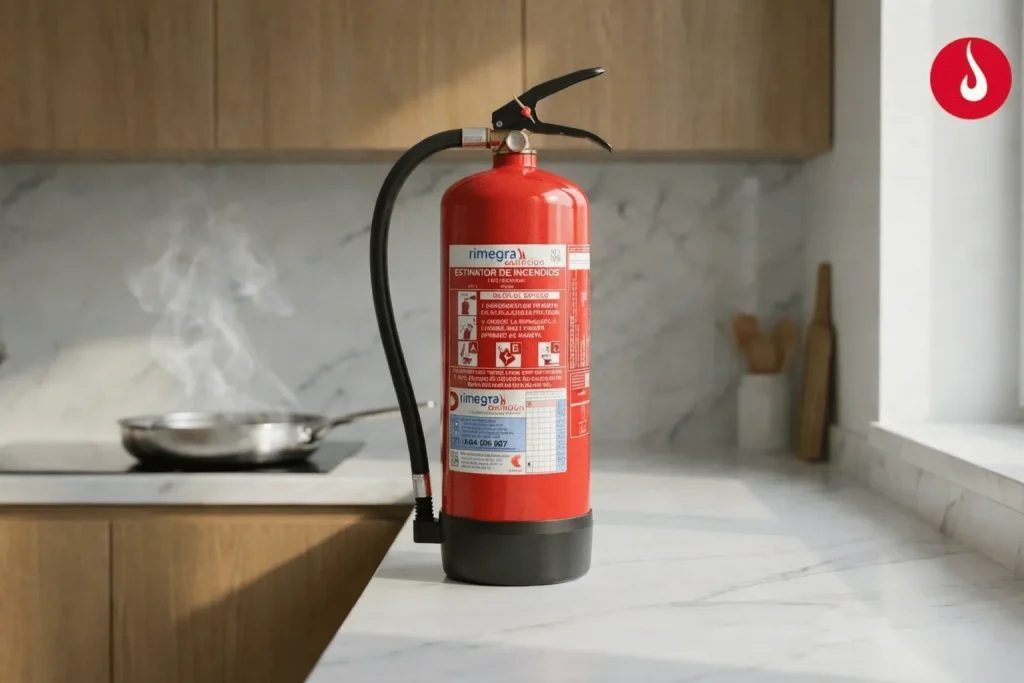 Extintor rojo instalado en una cocina moderna, mostrando la importancia de la protecci&oacute;n contra incendios