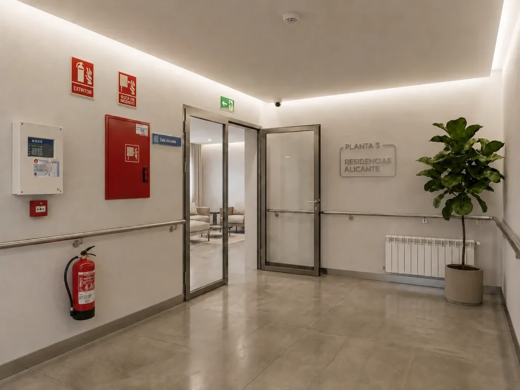 Se&ntilde;alizaci&oacute;n de seguridad contra incendios en pasillo de comunidad de vecinos, extintor y puerta de