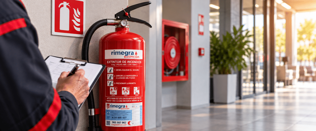 T&eacute;cnico de Rimegra Extinci&oacute;n revisa un extintor de incendios instalado en una pared roja con