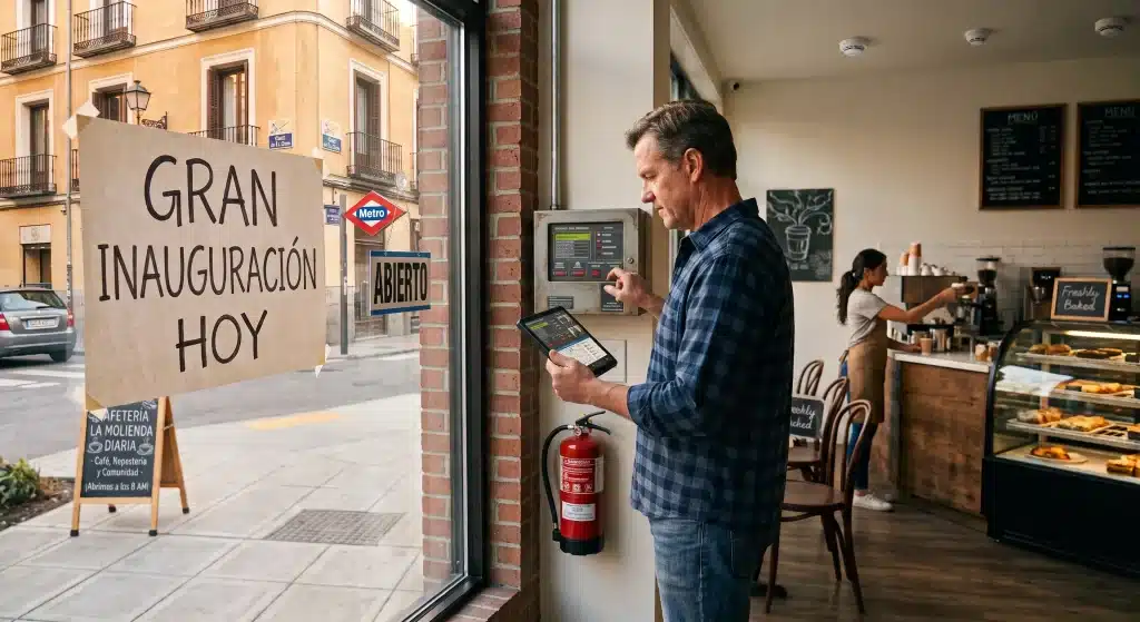 Hombre revisando tablet frente a una cafeter&iacute;a con cartel de "Gran Inauguraci&oacute;n Hoy", mostrando la